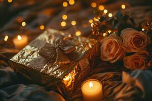 AI generated gold gift box by roses with candles and bows photo