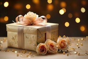 AI generated gold gift box by roses with candles and bows photo