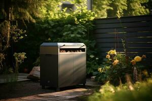 AI generated composting bin, wooden in the back yard photo