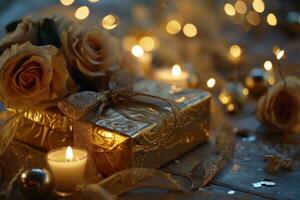 AI generated gold gift box by roses with candles and bows photo