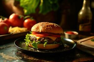 AI generated hamburger on black plate with tomatoes, cheese, lettuce and some ice cream photo