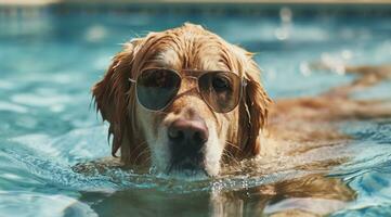 ai generado frio perro en piscina con Gafas de sol foto