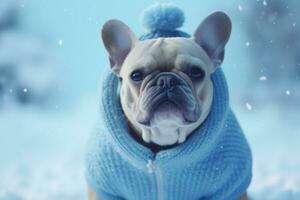 ai generado francés buldog en azul suéter, caminando al aire libre, en el nieve foto