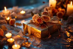 ai generado oro regalo caja por rosas con velas y arcos foto