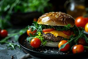 AI generated hamburger on black plate with tomatoes, cheese, lettuce and some ice cream photo