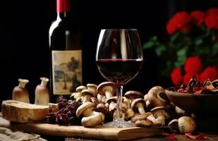 AI generated glassing wine with stuffed mushroom photo