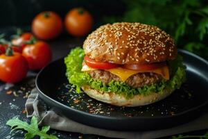 AI generated hamburger on black plate with tomatoes, cheese, lettuce and some ice cream photo