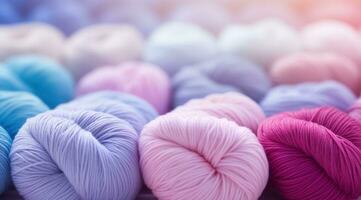 AI generated multiple kinds of yarn on a pink and blue background photo