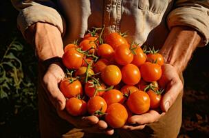 AI generated man's hands holding a bunch of tomatoes near some dirt photo