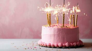 AI generated Pink Birthday Cake with Gold Candles and Sparklers Celebrate photo