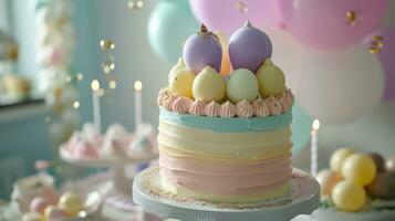 ai generado escalonado cumpleaños pastel con festivo globo decoraciones foto