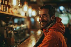 AI generated man smiling at camera in an orange jacket standing in a bar photo