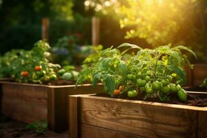 ai generado plantando Tomates en de madera elevado jardín camas foto