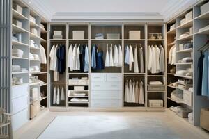 AI generated open closet with blue and white drawers photo