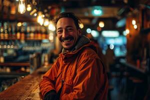 AI generated man smiling at camera in an orange jacket standing in a bar photo