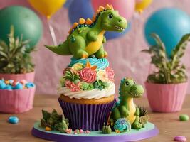 Cute Dinosaur Cupcake For Kid's Birthday photo