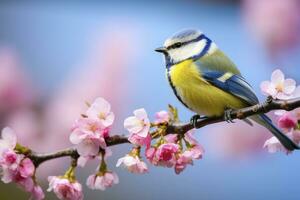 ai generado un bluetit pájaro descansando en el rama de un árbol. ai generado. foto