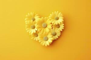 AI generated Yellow Heart Shaped By Yellow Daisies Over Yellow Background. AI Generated photo