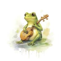 AI generated Watercolor green frog playing a tiny musical instrument on white background. AI Generated photo