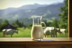 AI generated Glass pitcher with fresh milk on a wooden table. AI Generated photo