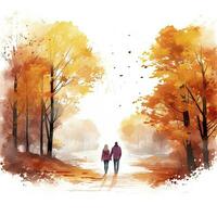 ai generado acuarela otoño paisaje con un Pareja caminando. ai generado foto