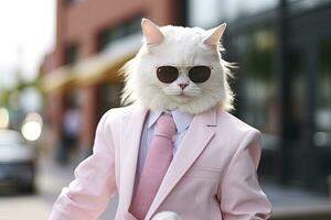 AI generated A cat is wearing sunglasses, suit and standing on street. AI Generated photo