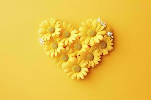 AI generated Yellow Heart Shaped By Yellow Daisies Over Yellow Background. AI Generated photo