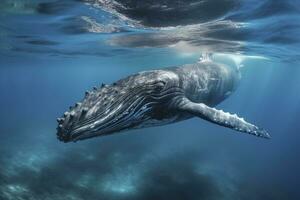 ai generado joven jorobado ballena en azul agua. ai generado foto