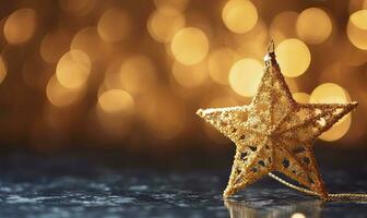 AI generated Sparkling Golden Christmas Star. Ornament Decoration Defocused Bokeh Background. AI Generated photo