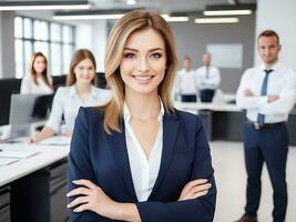 ai generado hermosa negocio mujer posando a su trabajo sitio con compañeros de trabajo en el antecedentes foto