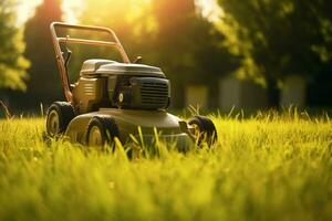 AI generated mowing a lawn on a sunny day in front of the sun photo