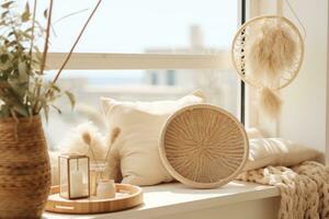 AI generated indoor rustic and rustic apartment decor on balcony in white frame photo