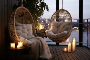 AI generated hanging wicker chair on the balcony with candles and pots photo