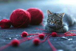 AI generated kitten playing with a red ball of wool photo
