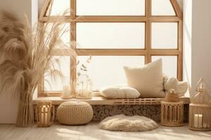 AI generated indoor rustic and rustic apartment decor on balcony in white frame photo