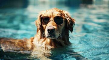 AI generated sunglasses free dog in swimming pool photo