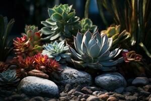 AI generated succulents and rocks in the garden photo