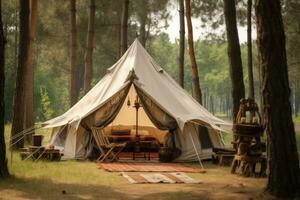 AI generated tent camping in the woods on top of a wooden deck photo