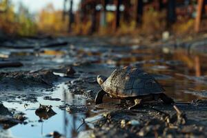 ai generado el Tortuga caminado mediante barro con pesado rieles tendido en el suelo foto