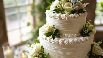 ai generado tres niveles blanco Boda pastel decorado con flores y verde hojas foto