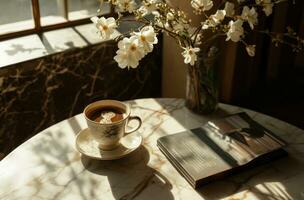ai generado el libro y café en el mesa con flores es hermosa foto