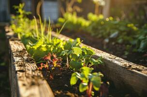 AI generated seedlings are pictured on a wooden raised bed photo