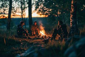 AI generated friends enjoying evening around a campfire photo