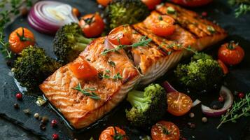 AI generated a grilled salmon and broccoli dinner with white wine on a black plate photo