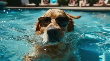 ai generado frio perro en piscina con Gafas de sol foto