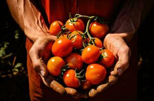 AI generated man's hands holding a bunch of tomatoes near some dirt photo