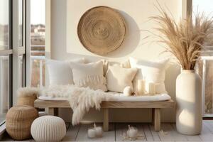 AI generated indoor rustic and rustic apartment decor on balcony in white frame photo