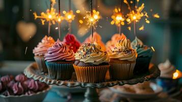 AI generated Cupcakes on a cake stand with sparklers photo