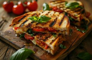 AI generated grilled goat cheese sandwich with roasted tomatoes photo