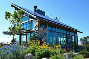 ai generado casa con solar paneles en un techo por el Dom foto